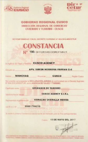 Constancia de operador de turismo de Cusco Agency