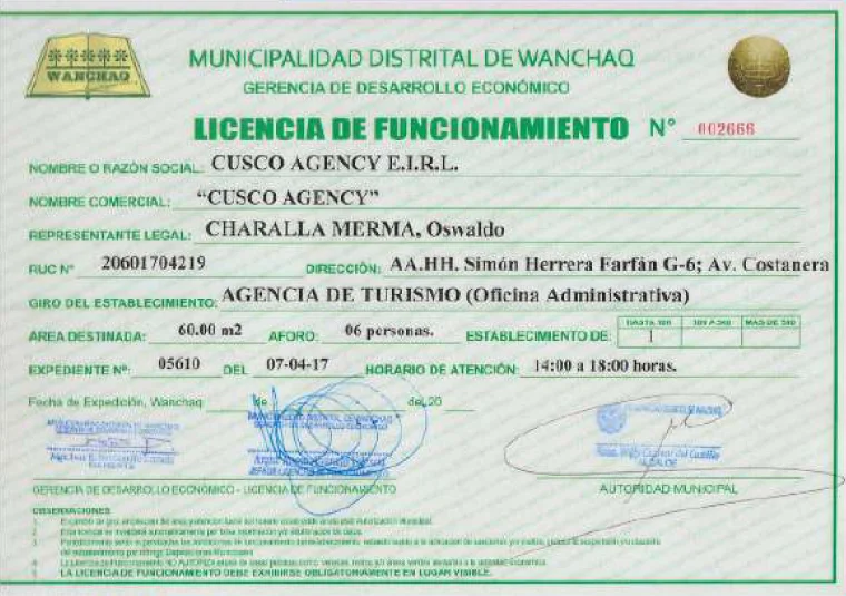 Licencia de funcionamiento de Cusco Agency